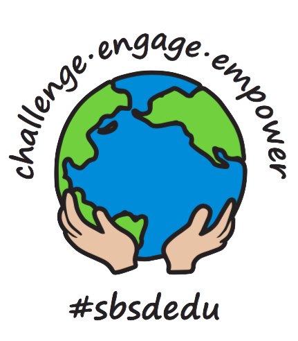 Two hands holding a green and blue globe and the Solana Beach School District Instructional Services Department theme - (hashtag) Challenge, Engage, Empower